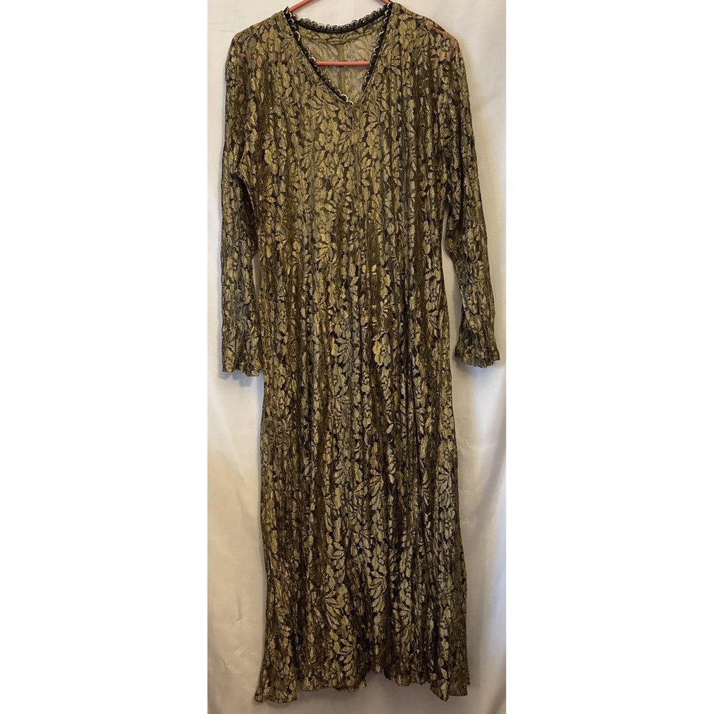 VTG Whimsigoth Grunge SHEER Swing Maxi Dress Black Gold Lace Floral Medieval  L